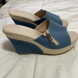 Denim Blue Wedge Slide Sandals - Women's